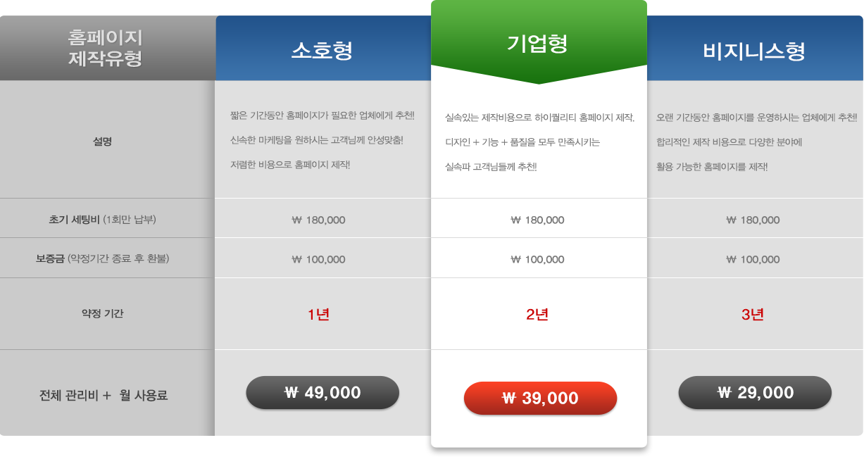 홈페이지 제작 기준표